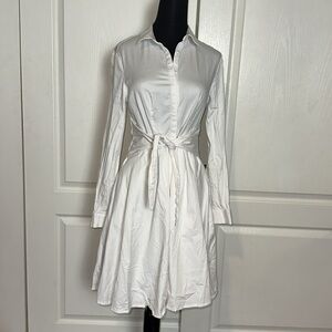 EXPRESS CLASSIC WHITE COLLARED BUTTON UP LONG SLEEVE TIE FRONT DRESS